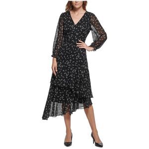Karl Lagerfeld Womens Floral Print Asymmetrical Blouson Dress, Black, 2, MP